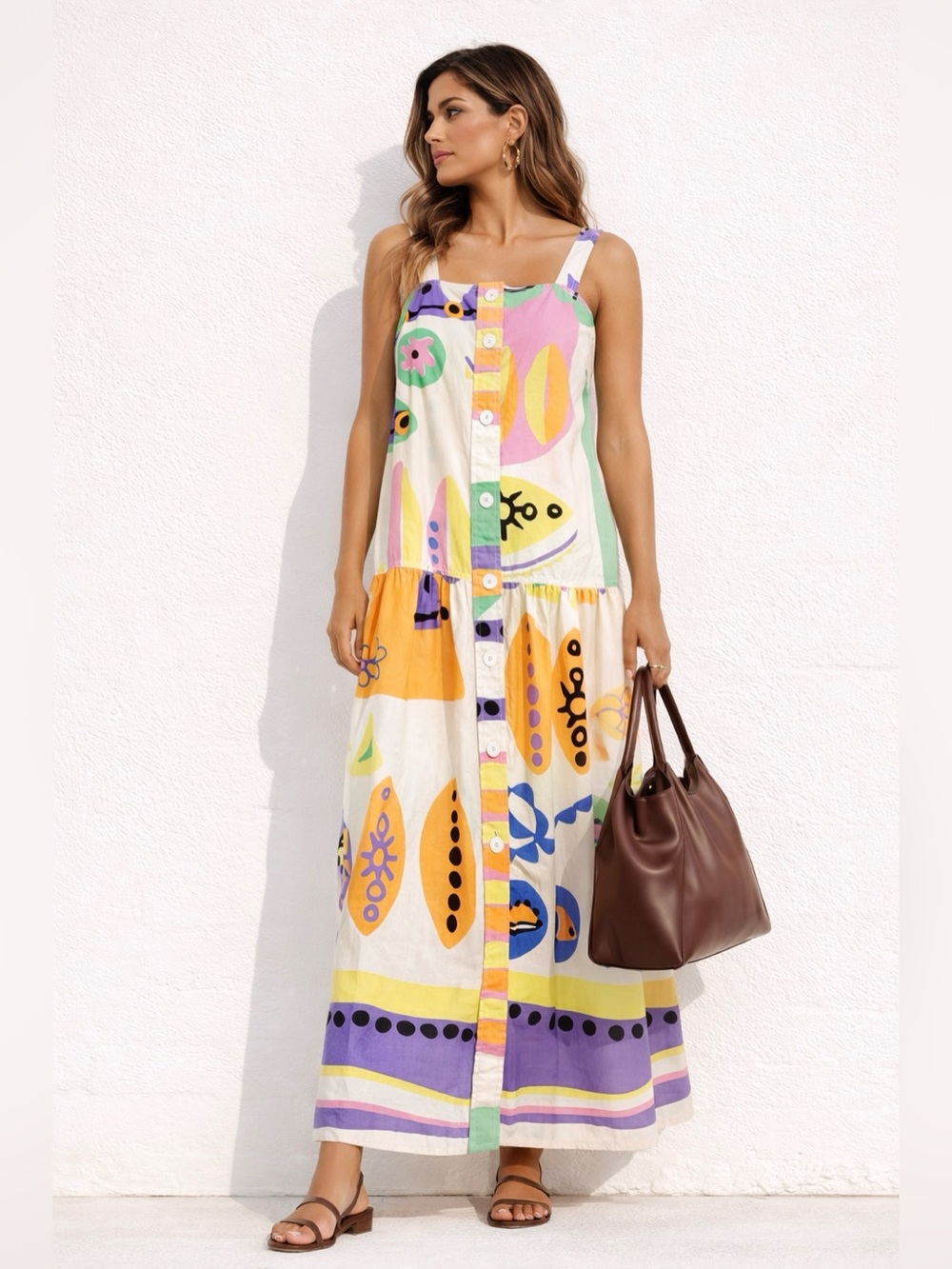 Zara Artsy Fruit Doodle Print Drop-Waist Maxi Dress Statement Sz S